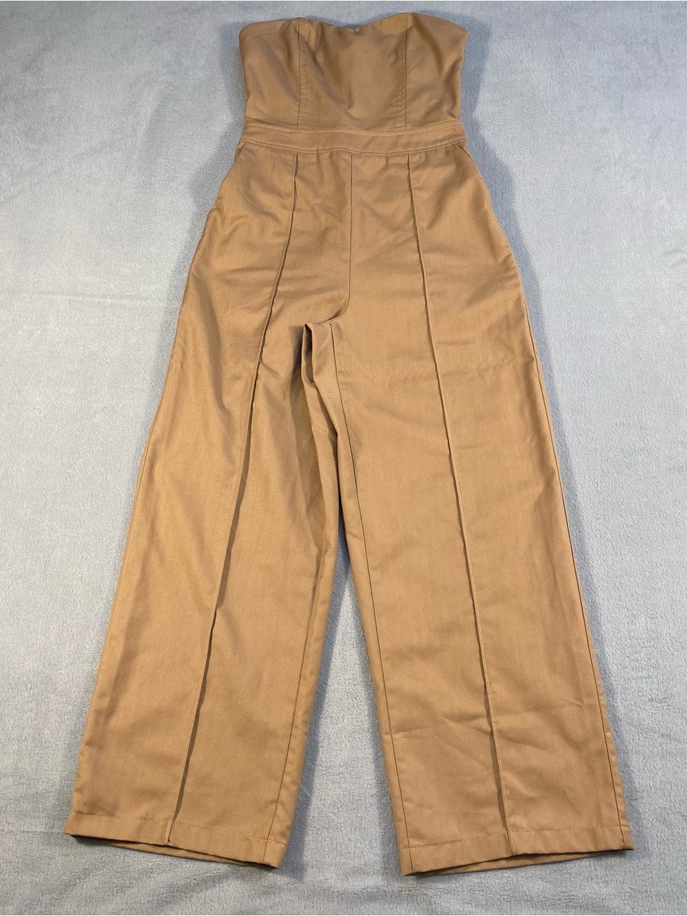 Lulus women’s Strapless Wide-Leg Jumpsuit in Camel Brown, side zipper, pockets